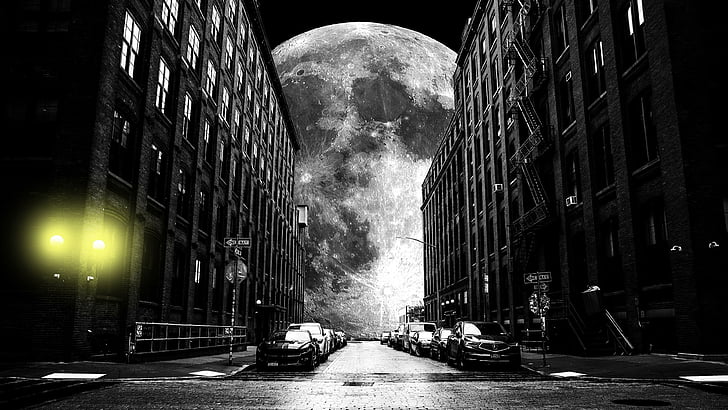full moon, street, black and white, cars, parking, buildings