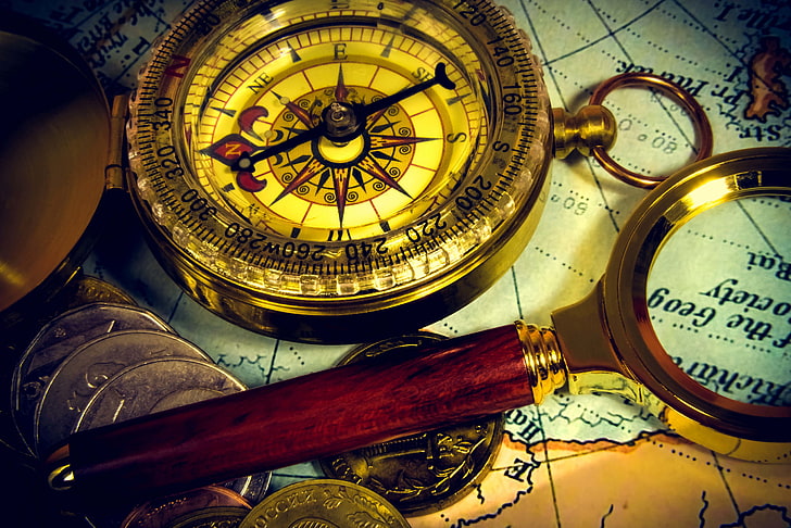 round gold compass, blur, coins, magnifier, journey, bokeh, vintage