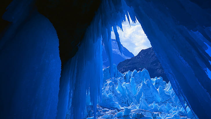 glaciers, mountains, snow, icicle, nature, cave, winter, ice