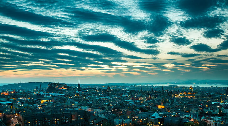 UK, cityscape, Edinburgh, street, Scotland, clouds, HD wallpaper