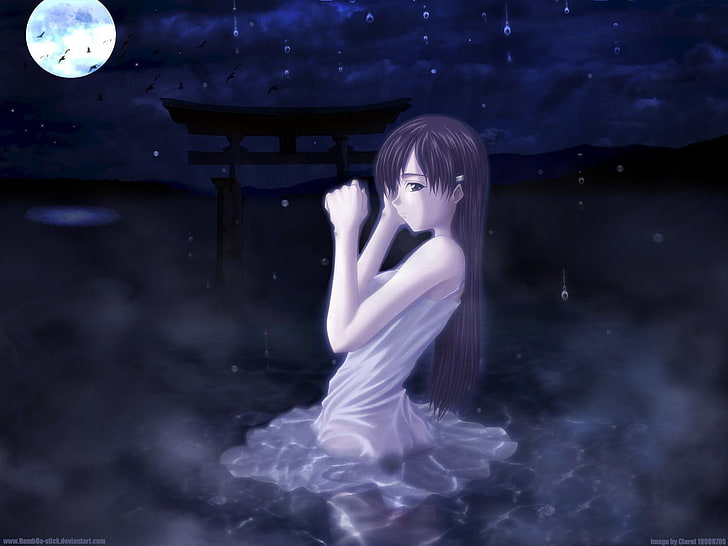 anime girls, night, moonlight, lake, one person, young adult, HD wallpaper