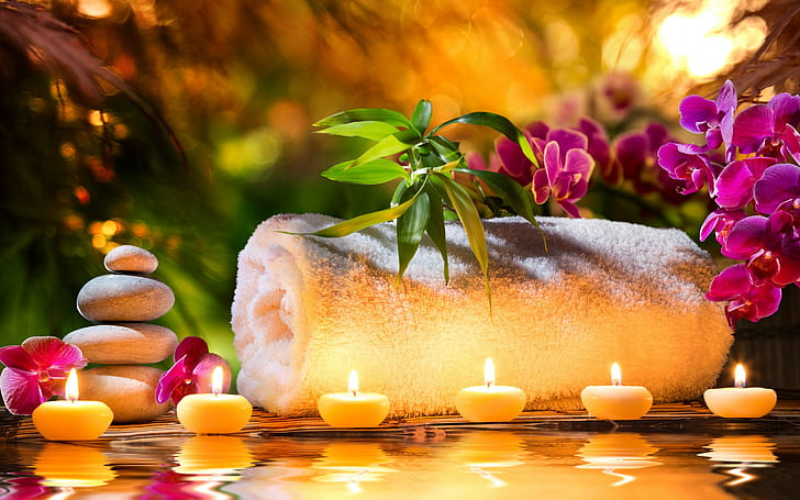 Spa stones, candles, flowers, orchids, HD wallpaper