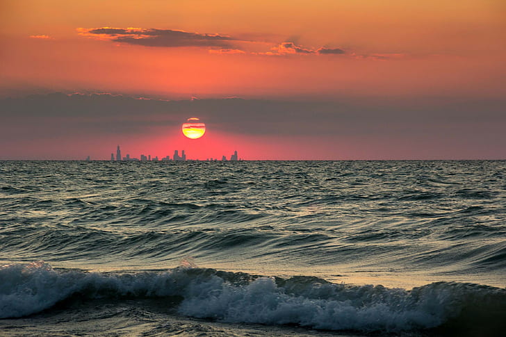 skyline, lake, sunset, sea, Chicago
