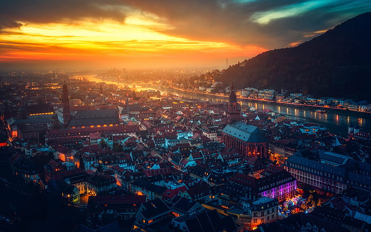 Heidelberg castle, Germany, beautiful city night, houses, river, lights, sunset