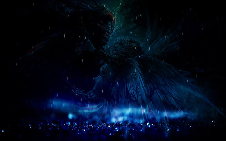 angel illustration, rain, Devil, crystal , blue, night, motion