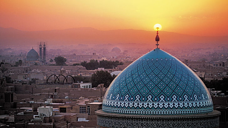 Yazd, Iran, Islam, sunset, Islamic architecture, mosque, city, HD wallpaper