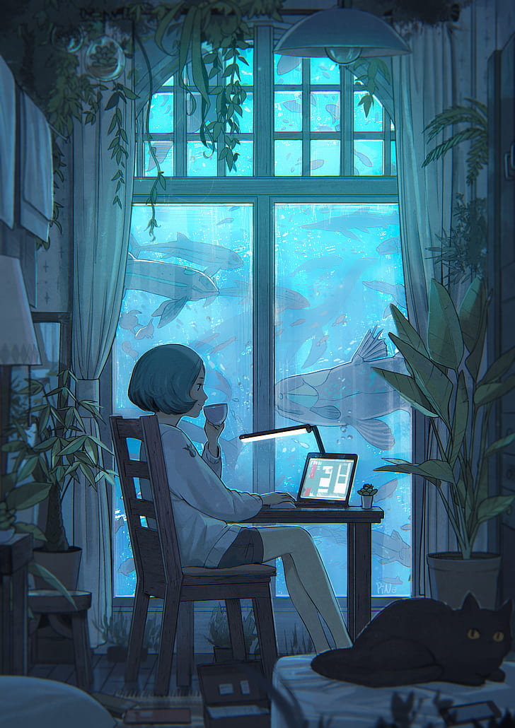 anime, anime girls, laptop, sitting, cup, interior, fish, chair
