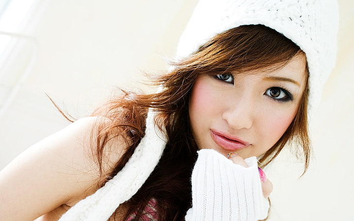 woman wearing white knitted cap, Asian, model, women, hat, face, HD wallpaper