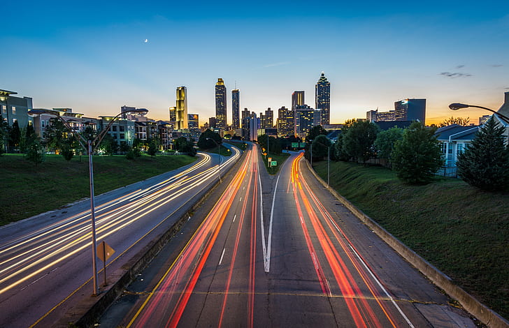 road, lights, city, cityscape, Atlanta, city lights, long exposure