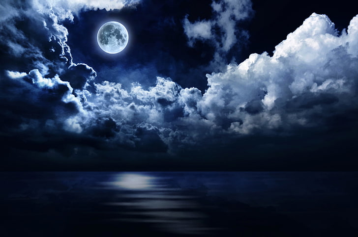 moon and clouds wallpaper, sea, the sky, night, the moon, horizon, HD wallpaper