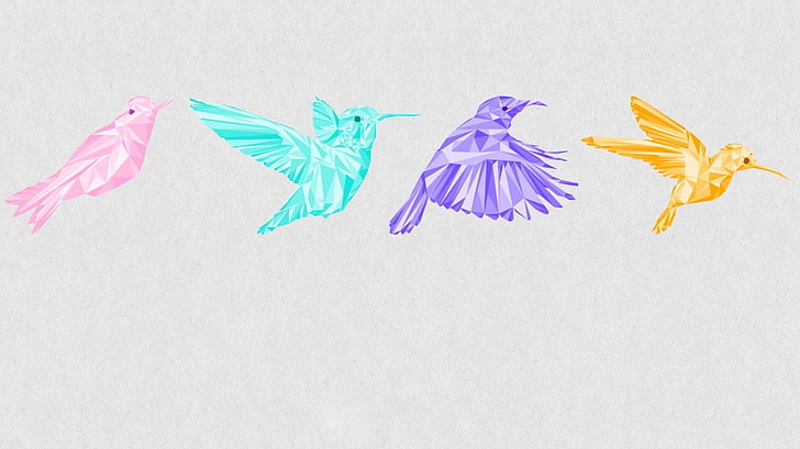 four pink, teal, purple, and yellow birds illustration, abstract