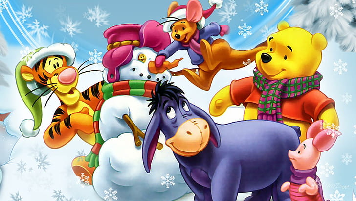Winnie Makes A Snowman, winnie the pooh characters wallpaper, HD wallpaper