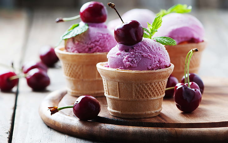 Cherry Ice Cream, cherries on purple ice cream with cone, waffle, HD wallpaper