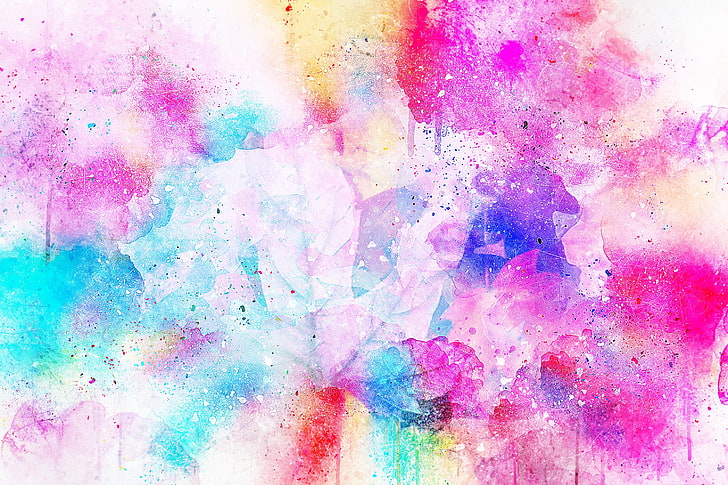 pink, blue, and yellow abstract painting, watercolor, spots, bright