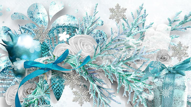 A Bit Of Aqua For The Season, cyan, bows, snowflakes, christmas, HD wallpaper