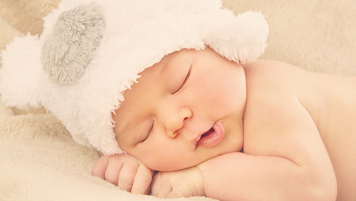 baby's white and gray beanie, sleeping, closeup, face, young