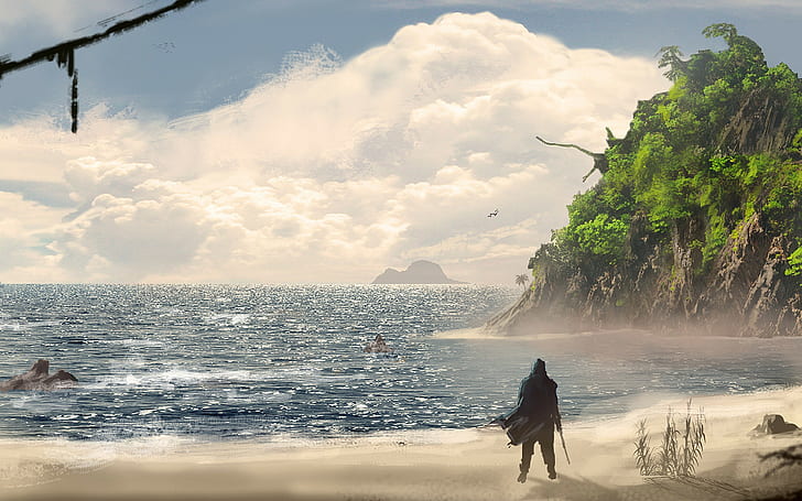 Assassins Creed IV: Black Flag, man standing on seashore digital painting, HD wallpaper
