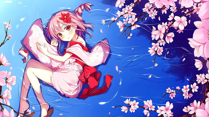 anime, anime girls, long hair, water, cherry blossom, wet clothing
