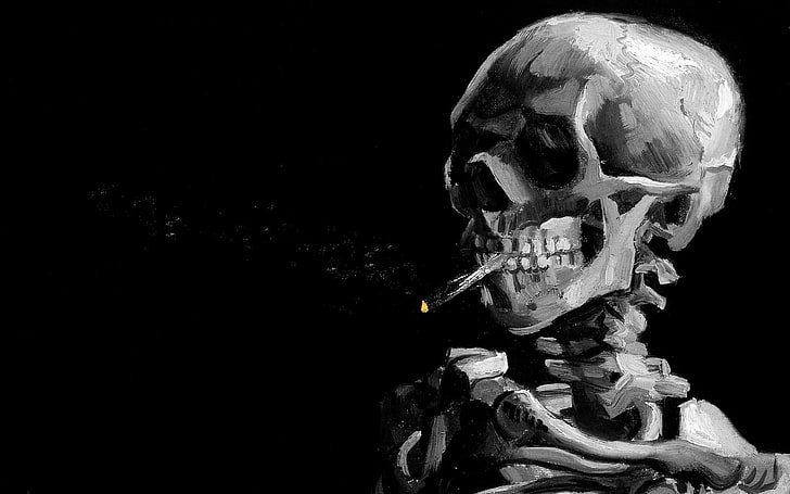 gray skull illustration, smoke, bones, black, death, human skeleton, HD wallpaper