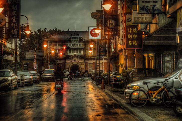 night, bike, street, motorcycle, Taiwan, cars, stores, life