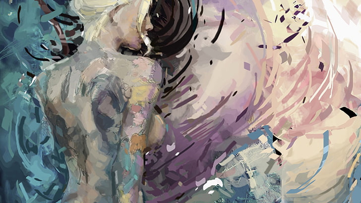 topless woman wallpaper, painting, women, blonde, artwork, full frame, HD wallpaper