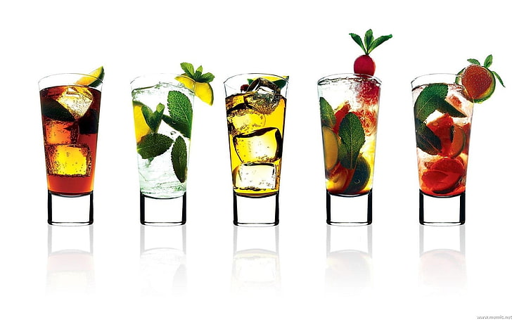 five clear drinking glasses, cocktails, fruit, food and drink, HD wallpaper