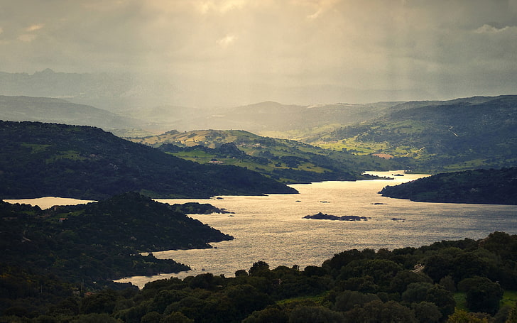 calm body of water, landscape, lake, mist, sun rays, nature, Sardinia