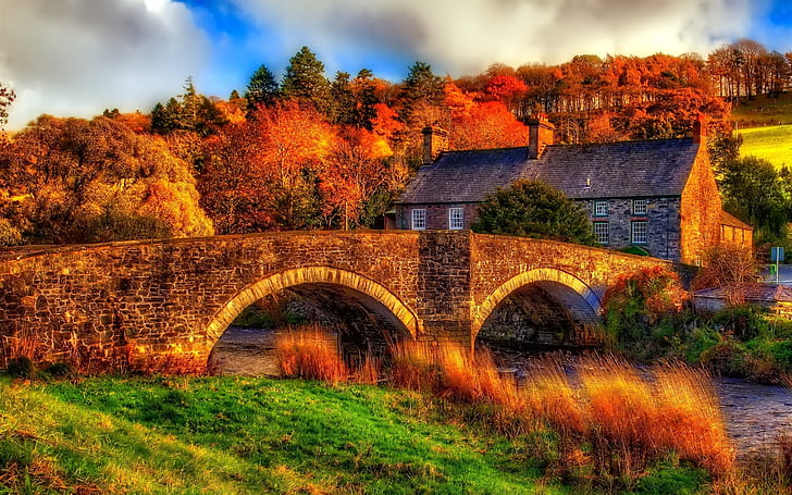 Autumn, river, bridge, house, trees, HDR scenery, HD wallpaper