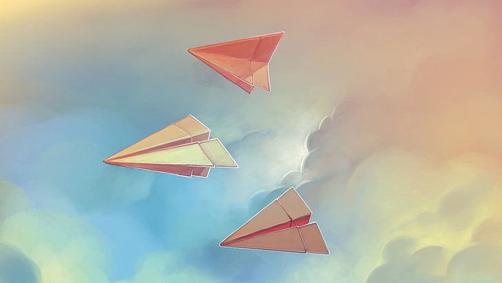 pink paper plane, paper airplanes, sky, flight, origami, flying, HD wallpaper
