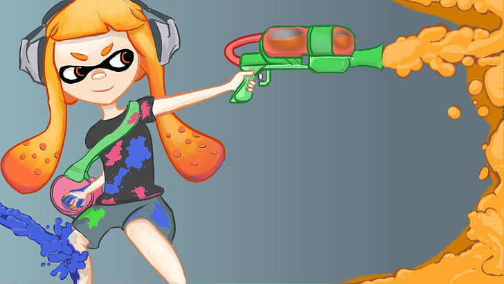 girl holding toy gun illustration, Splatoon, video games, cartoon