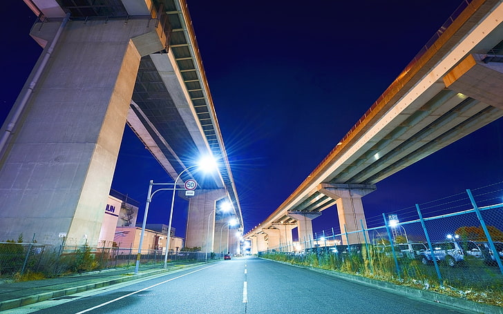 road, machine, night, Japan, lights, bridges, Nagoya, illuminated, HD wallpaper