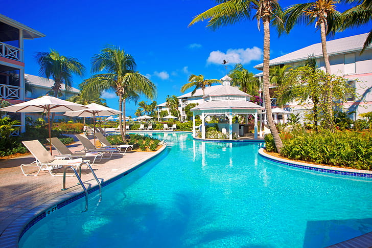 Swimming pool in hotel, garden, sky, palm trees, lounge, rental, HD wallpaper