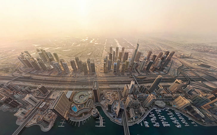 city, urban, cityscape, aerial view, road, dock, Dubai, HD wallpaper