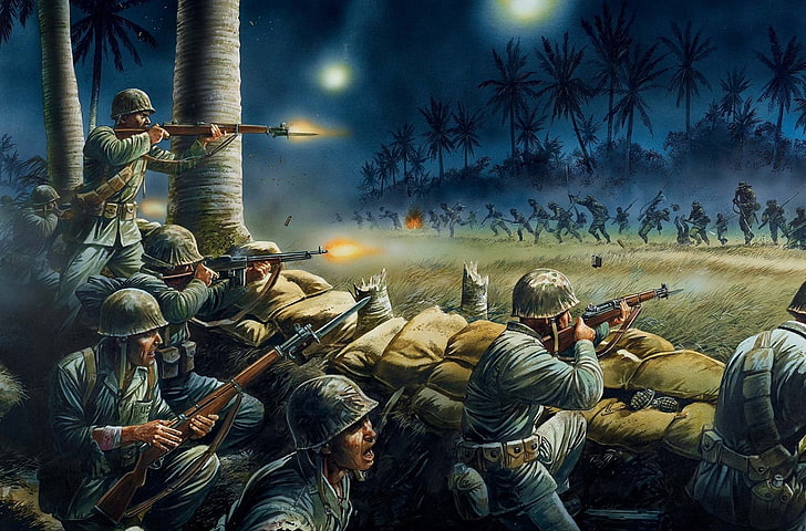 soldier beside tree painting, night, weapons, figure, battle