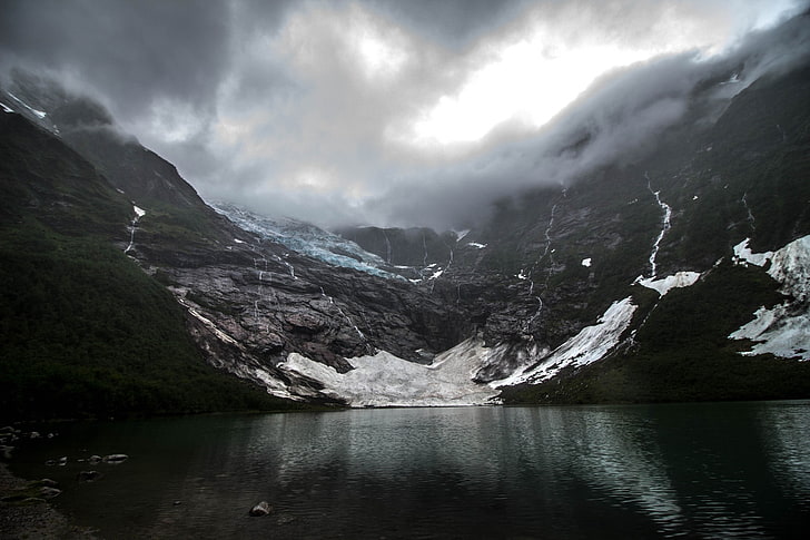nature, landscape, glaciers, lake, mountains, dark, clouds, HD wallpaper
