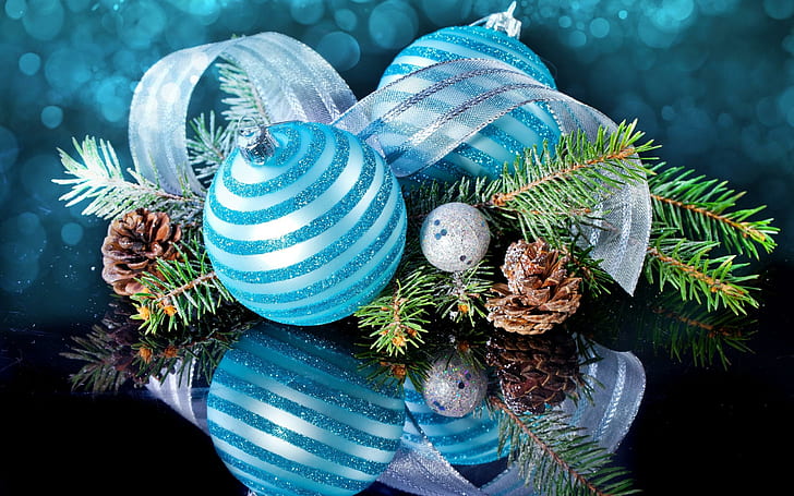 happy holidays new year merry christmas decoration, blue and aqua stripe baubles pinecone and garland decor lot, HD wallpaper