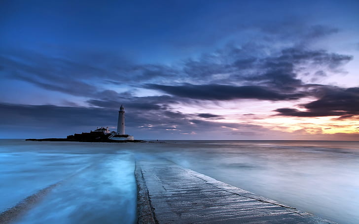 Sunset, sea, lighthouse, clouds, HD wallpaper