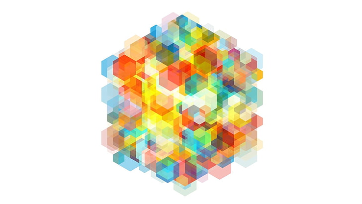 hexagonal multicolored logo, abstract, colorful, shapes, white background, HD wallpaper
