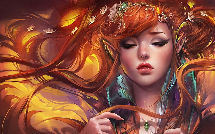 Free Download Hd Wallpaper Fantasy Art Women Redhead Elves One Person Headshot Portrait