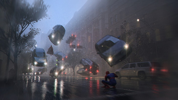 black car, digital art, street, rain, Magneto, Spider-Man, transportation