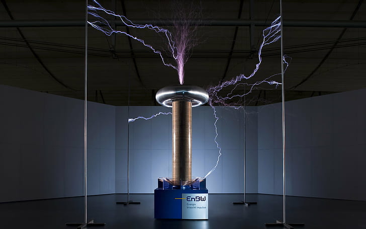 electricity science tesla coil, illuminated, no people, indoors, HD wallpaper