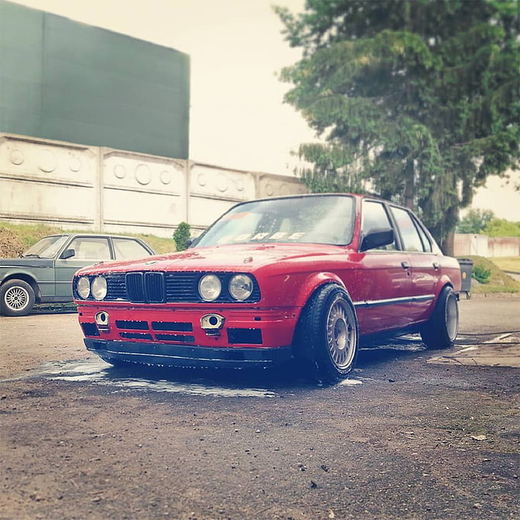 red BMW sedan, old car, sports car, landscape, rain, water, evening, HD wallpaper