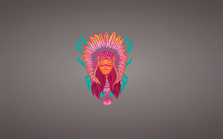native American indian illustration, girl, face, minimalism, feathers
