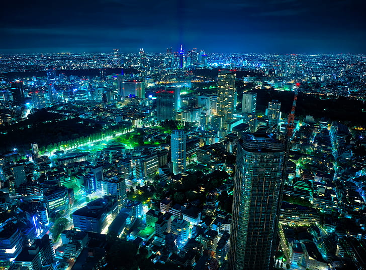 aerial view of metropolis skyscrapers during night, HDR Photography, HD wallpaper