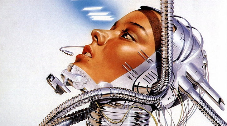robotic woman illustration, cyborg, girl, face, wires, women