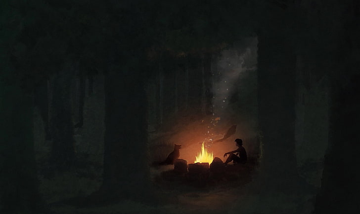 person and dog beside bonfire illustration, forest, night, smoke