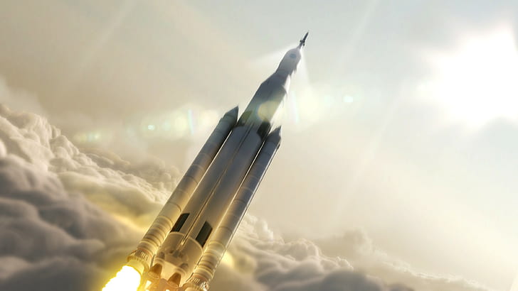 digital art, spaceship, rocket, NASA, Launch, clouds, sunlight