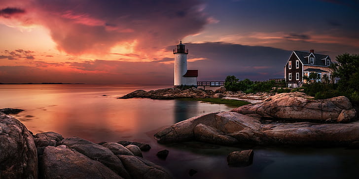 nature, landscape, sunset, lighthouse, Massachusetts, sky, coast, HD wallpaper