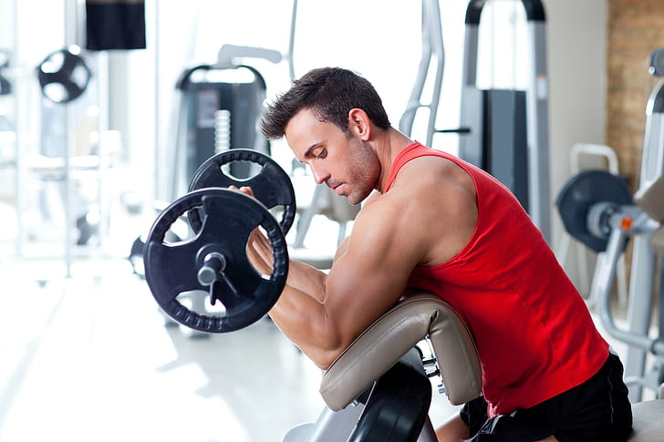 biceps exercises, man, men's red tank top, training, muscles, HD wallpaper