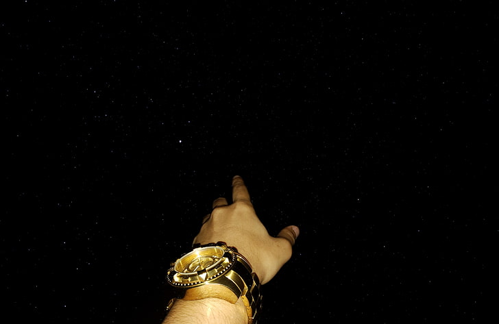 stars, gold, clocks, night, sky, watch, Gold Watch, human hand